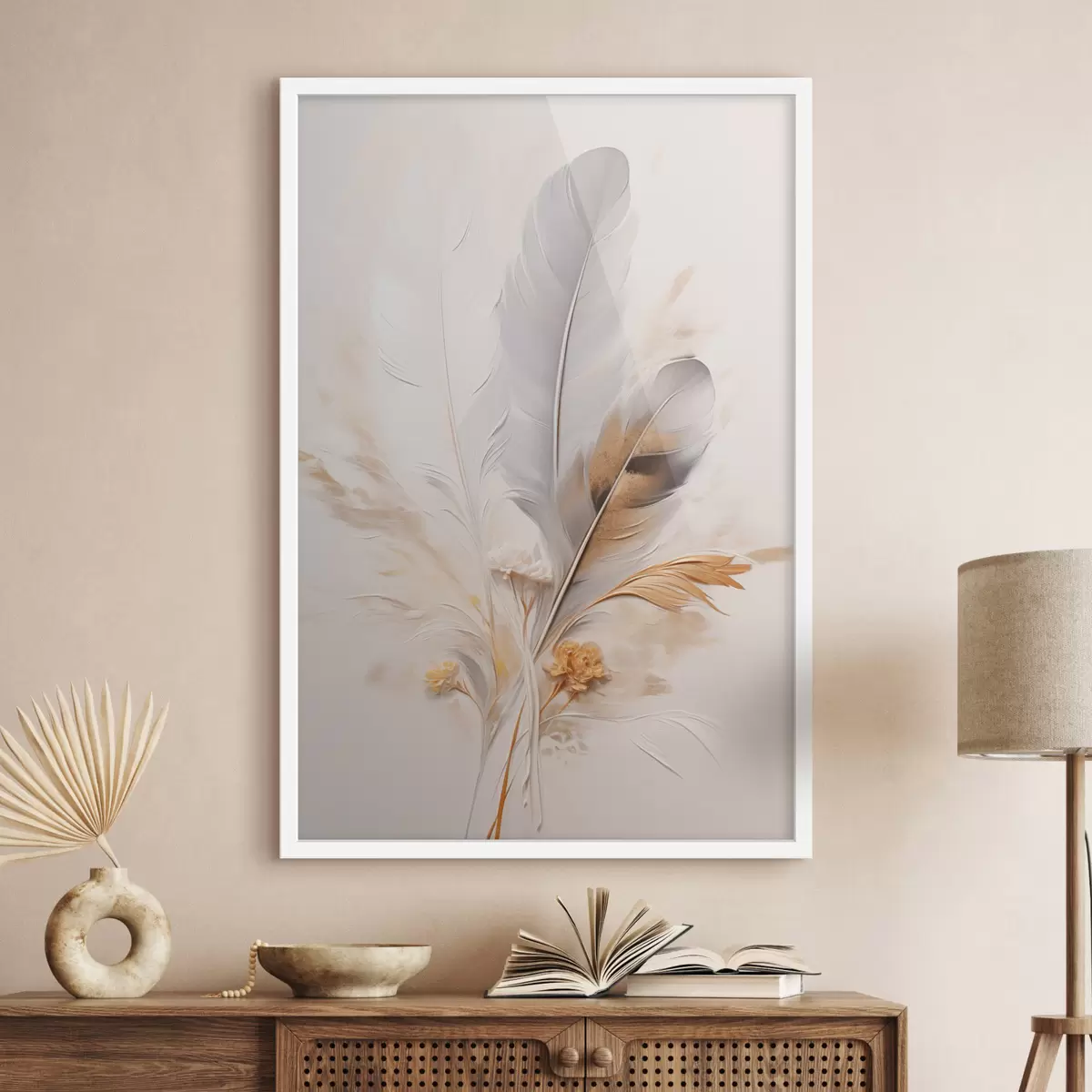 Plakat Abstraktsed suled, ümbritsetud beežide ja pruunide sulgedega, pehmed ja õrnad, helebeežil taustal f46712