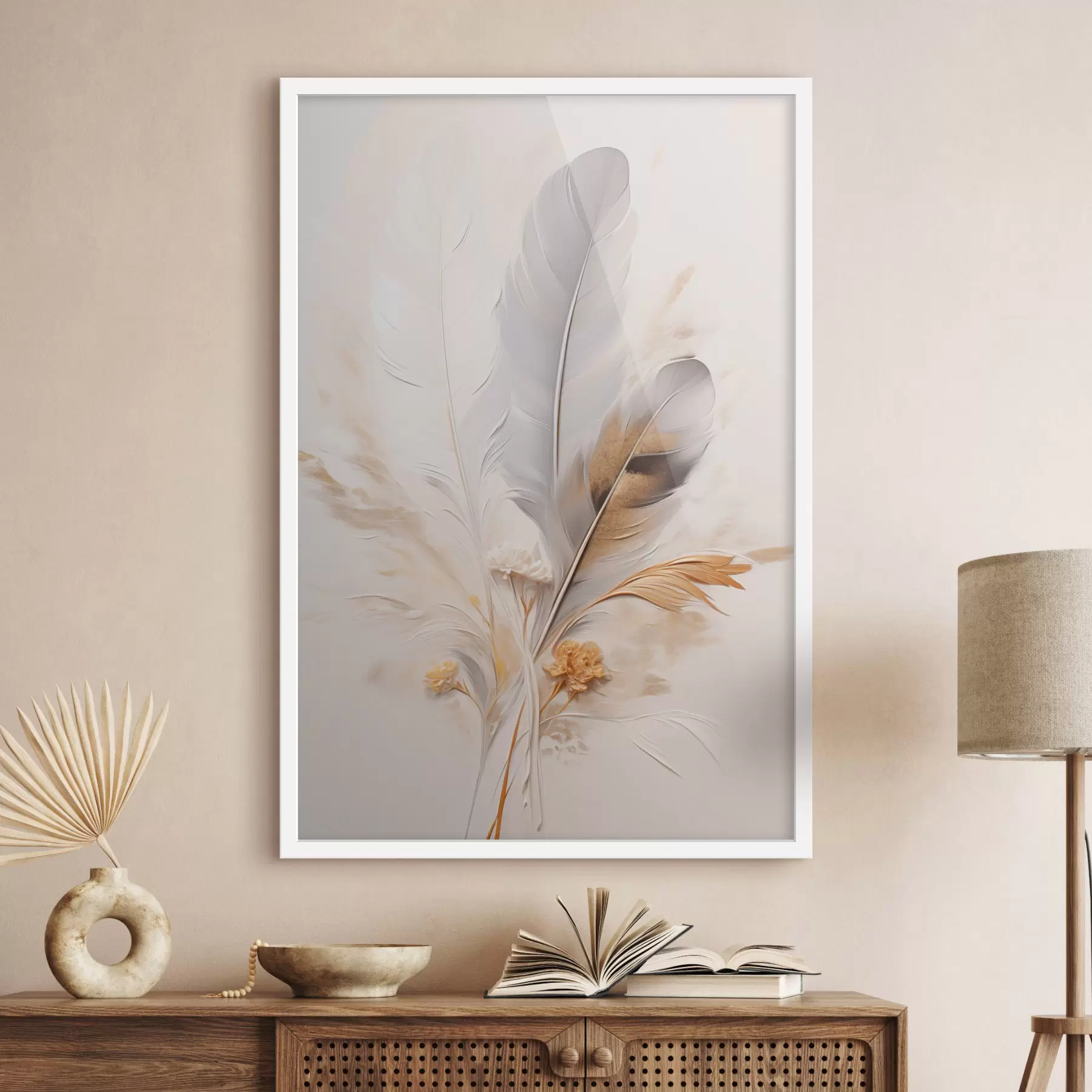 Fototapeedid Abstraktsed suled, ümbritsetud beežide ja pruunide sulgedega, pehmed ja õrnad, helebeežil taustal f46712