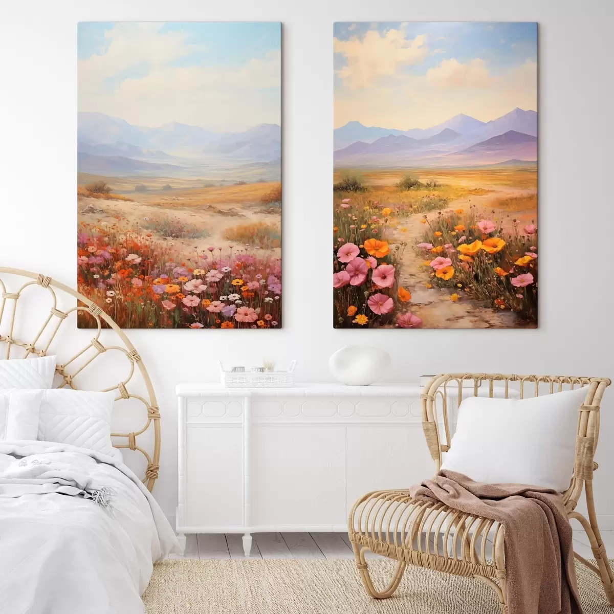 Pilt Maastik, värviliste lillede väli mägedega taustal, pehmed ja pastelsed värvid m01003