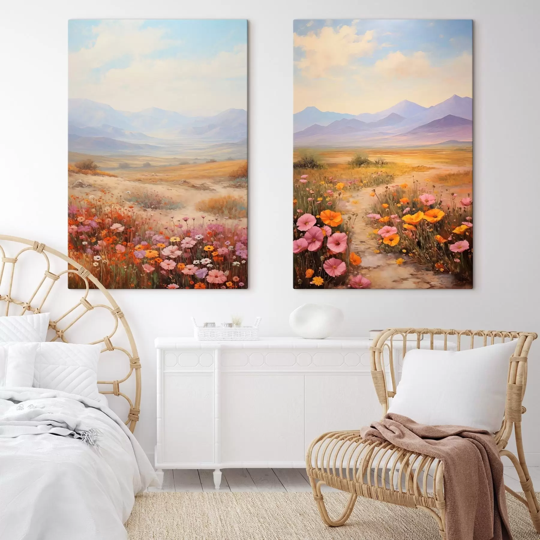 Pilt Maastik, värviliste lillede väli mägedega taustal, pehmed ja pastelsed värvid m01003