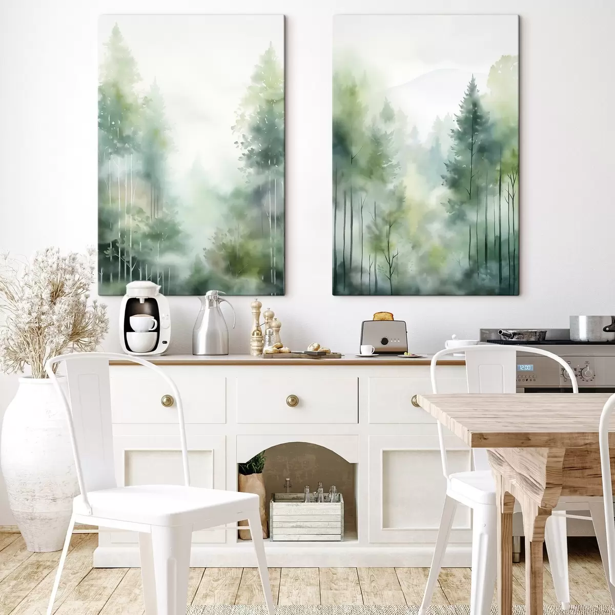 Pilt Akvarellmaal, mis kujutab abstraktset metsa kõrgetega puude ja rohelise lehestikuga, pehmed, summutatud värvid m01005