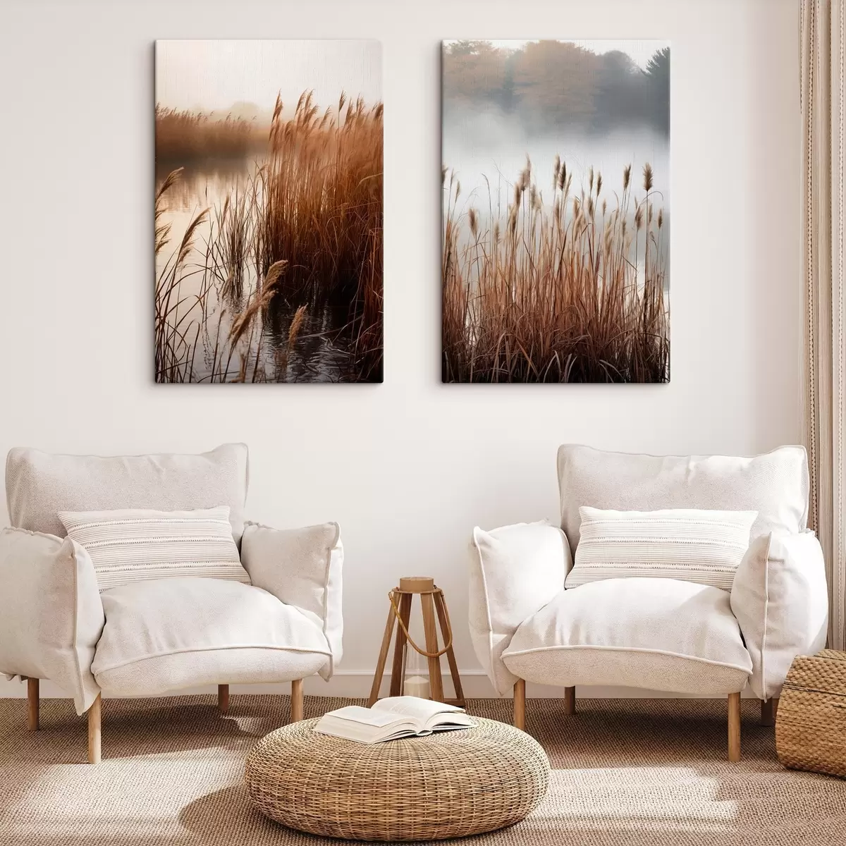 Pilt Veekogus kasvavad kõrged pillirood, vesi peegeldab pilliroogu, udune taust, pehme valgus, loodusvaade m01008