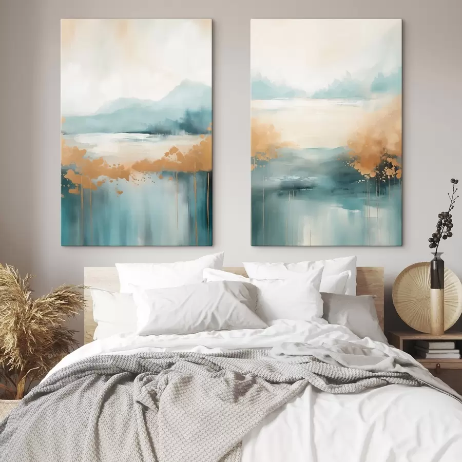 Pilt Abstraktne maastik mägedega ja järvega sinakasrohelises ja tekstuurse kollases toonis, pehmed pintslitõmbed, minimalistlik kunstiteos m01012