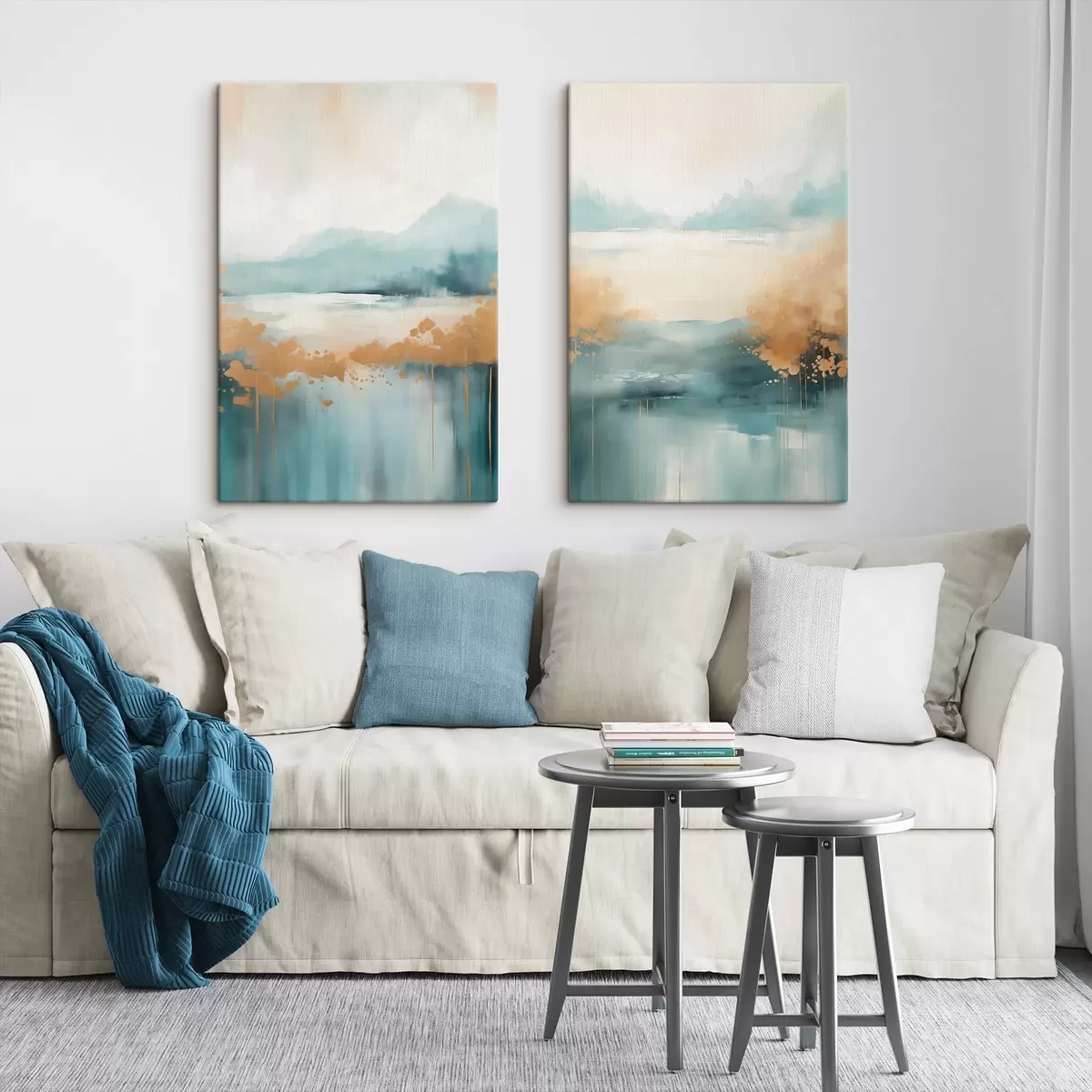 Pilt Abstraktne maastik mägedega ja järvega sinakasrohelises ja tekstuurse kollases toonis, pehmed pintslitõmbed, minimalistlik kunstiteos m01012