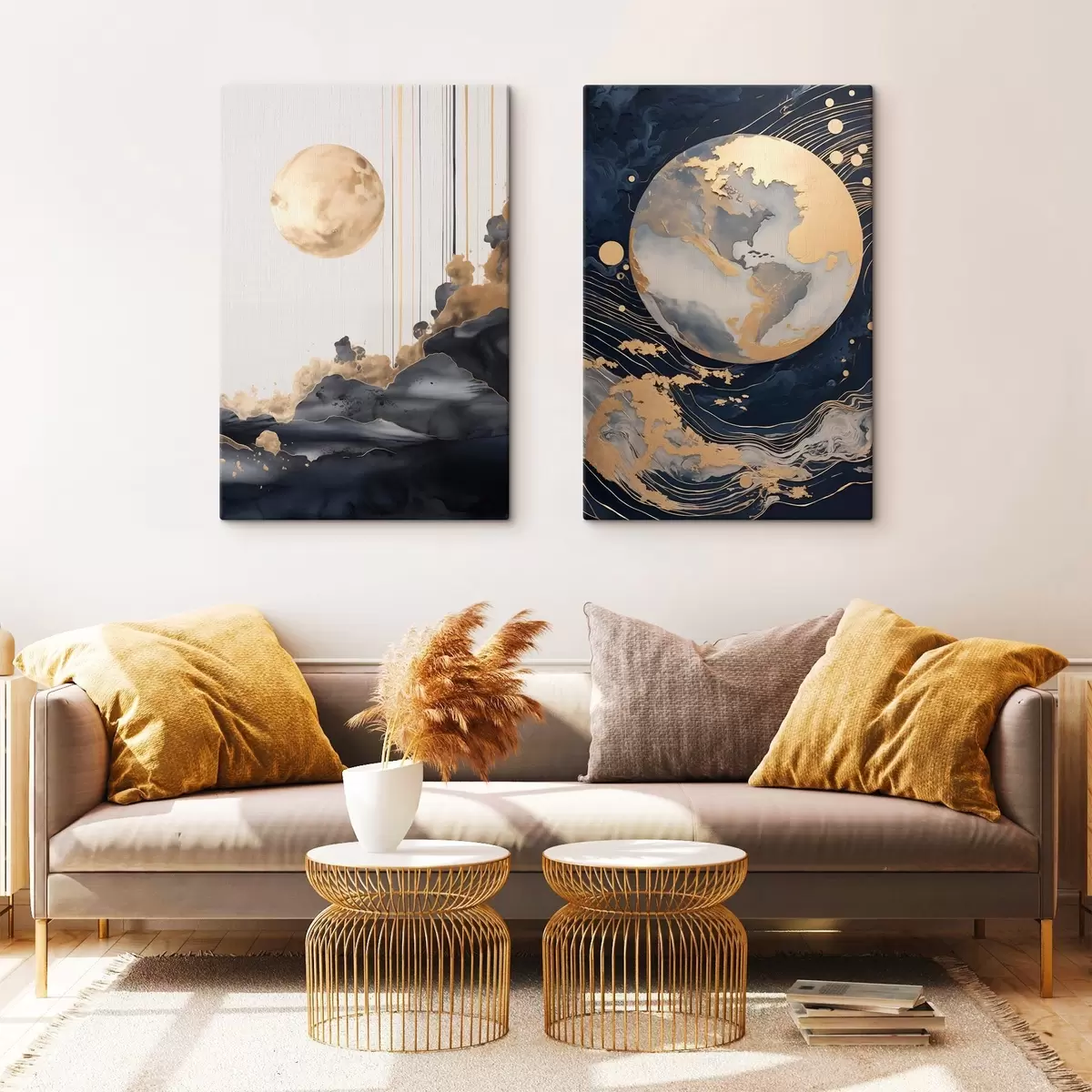 Pilt Tekstuuriga dekoratiivne planeet kosmoses kollaste joonte ja punktidega, abstraktne stiil, minimalistlik ja modernne m01014