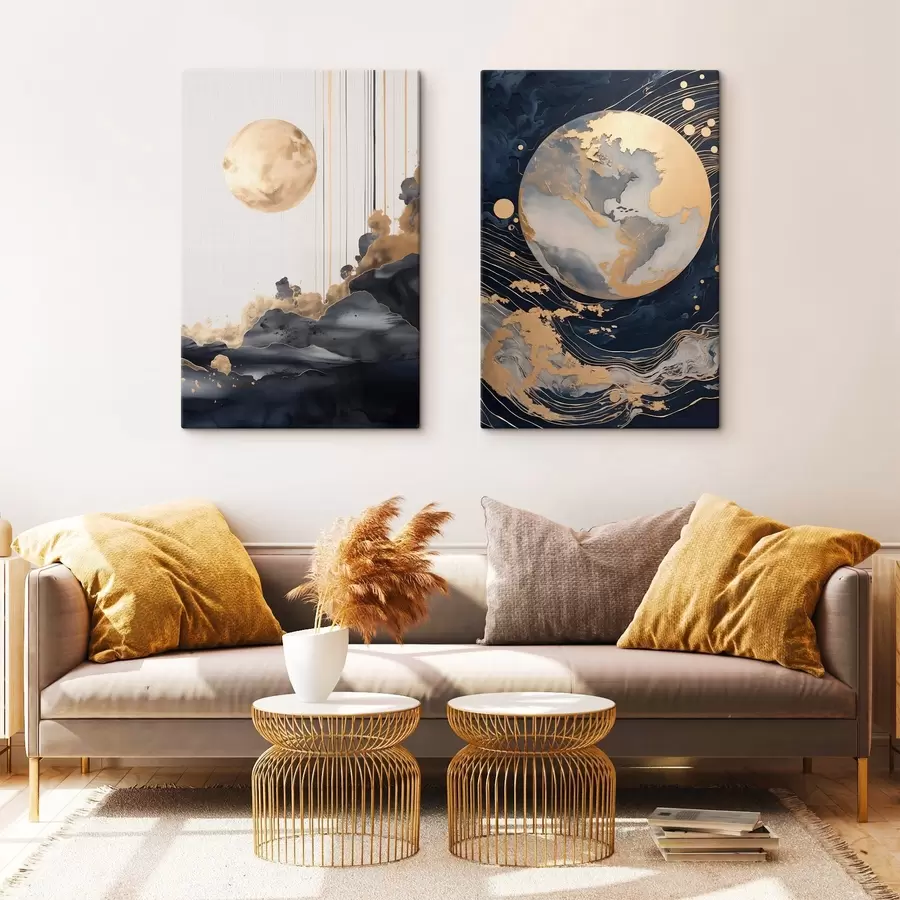 Pilt Tekstuuriga dekoratiivne planeet kosmoses kollaste joonte ja punktidega, abstraktne stiil, minimalistlik ja modernne m01014