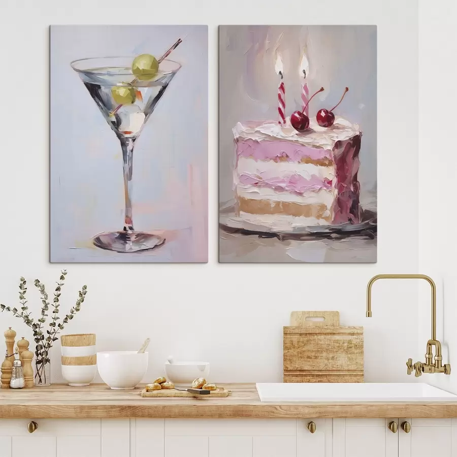 Pilt Klaas joogiga ja tükk kooki imitatsioon maal m01019