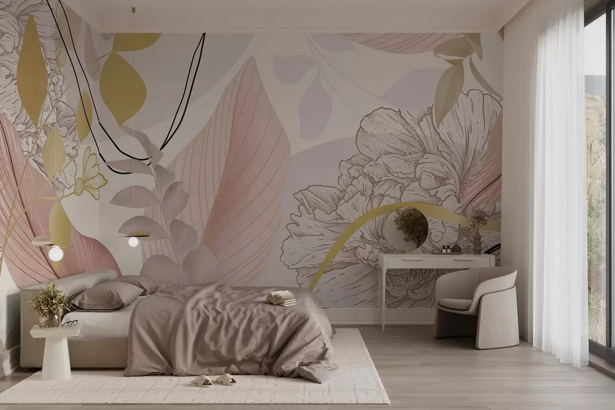 Fototapeedid Abstraktne lillemustriga trükis, millel on suured lehed vaoshoitud roosa ja kollase toonides, õhukeste mustade joontega ja valge lillekontuuridega. w09544v1