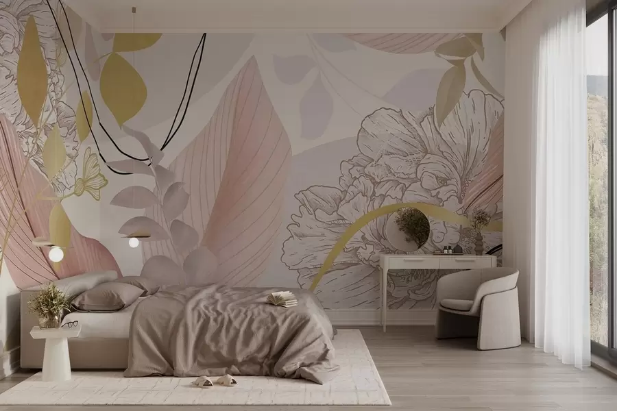 Fototapeedid Abstraktne lillemustriga trükis, millel on suured lehed vaoshoitud roosa ja kollase toonides, õhukeste mustade joontega ja valge lillekontuuridega. w09544v1