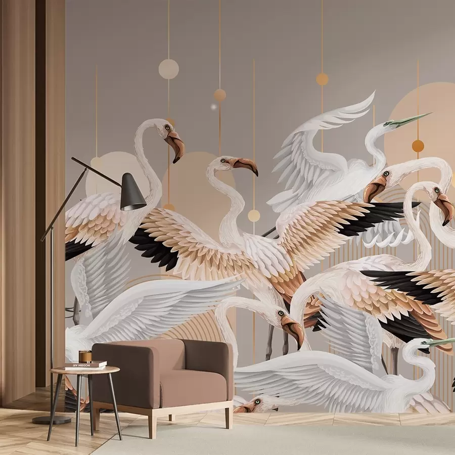 Fototapeedid Valge flamingode parv õrnad tiibadega neutraalsel taustal kollaste joonte ja ringidega w09546v1