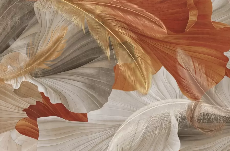 Fototapeedid Abstraktsed tekstuuriga suured voolavad kujundid kreemika ja roostekarva värvides, millel on õrnad kollased, beežid ja pruunid suled. w09549