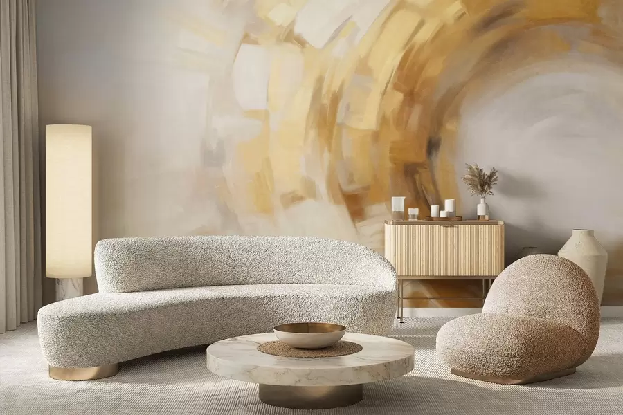 Fototapeedid Abstraktne maal, mis imiteerib ringikujulisi tekstuurseid pintslitõmbeid kollases ja valges värvis, luues liikumise tunde w09558