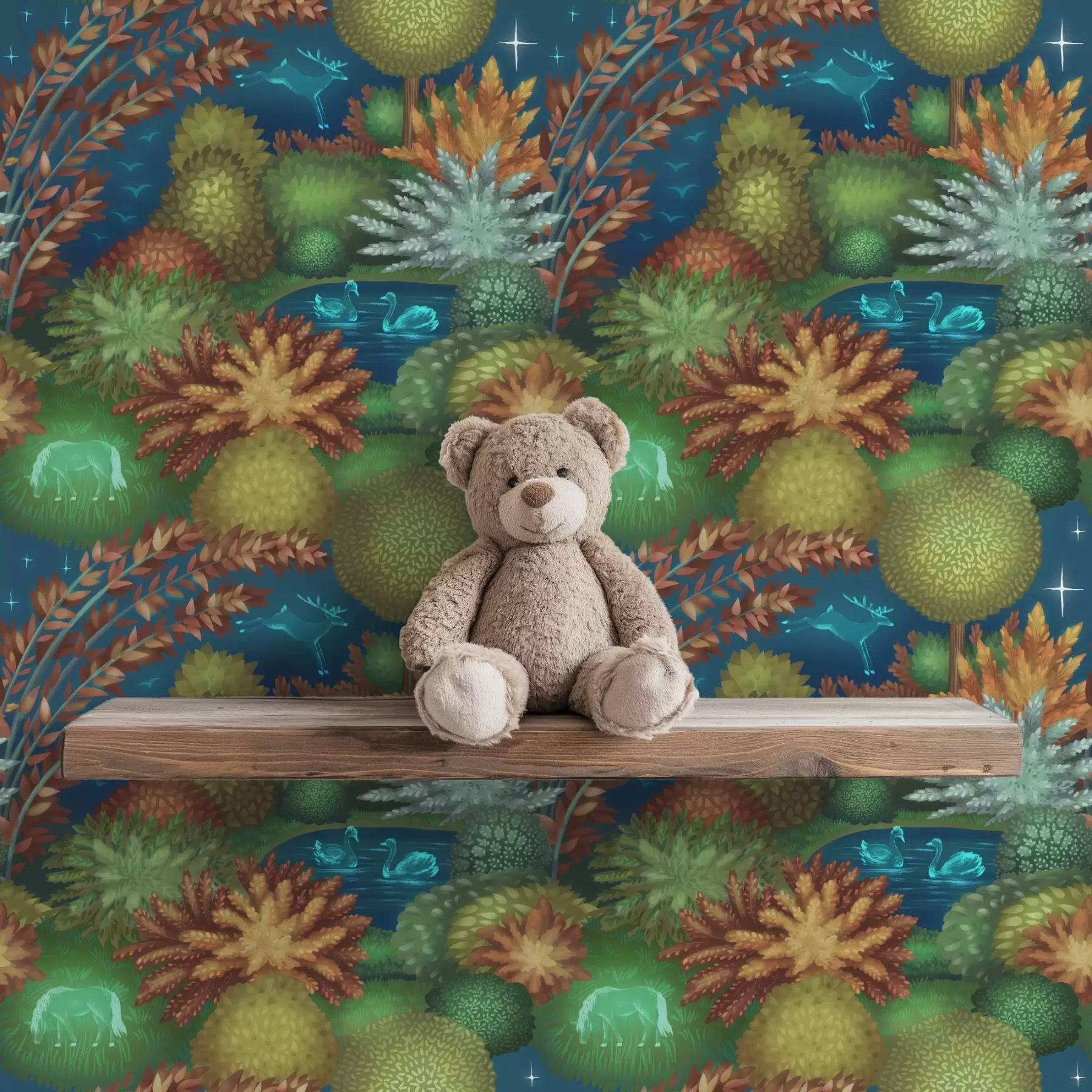 Fototapeedid Muinasjutuline öine aed järve ja helendavate loomadega a00851