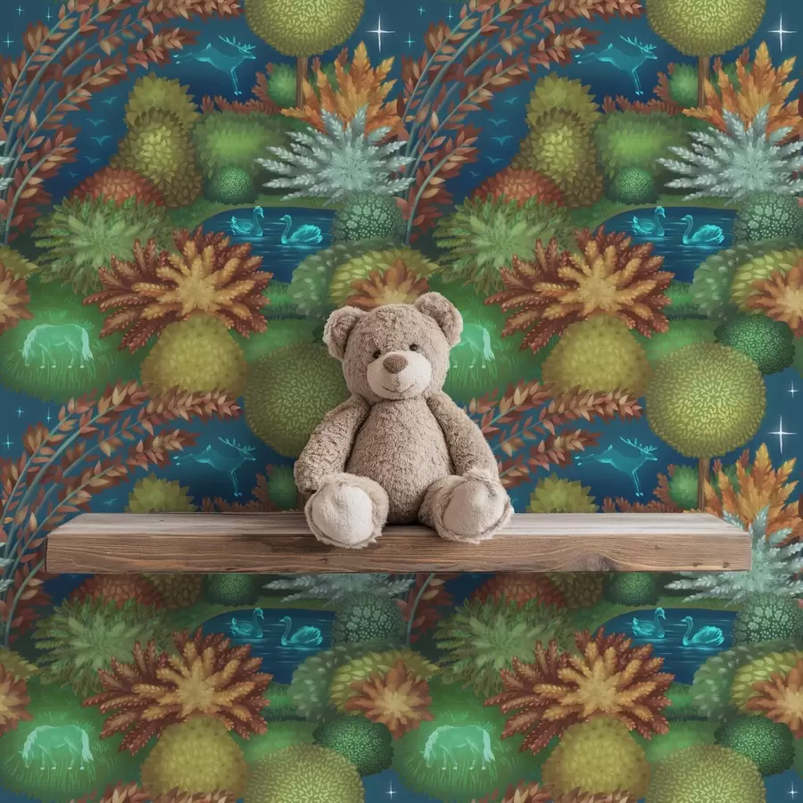 Fototapeedid Muinasjutuline öine aed järve ja helendavate loomadega a00851