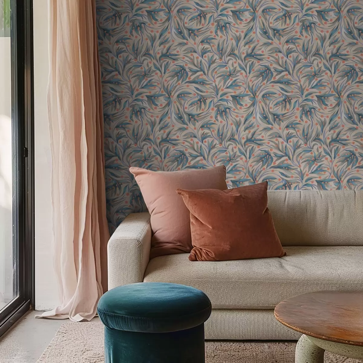 Tapeet Abstraktne sinine lehestik korallikarva õitega a00852