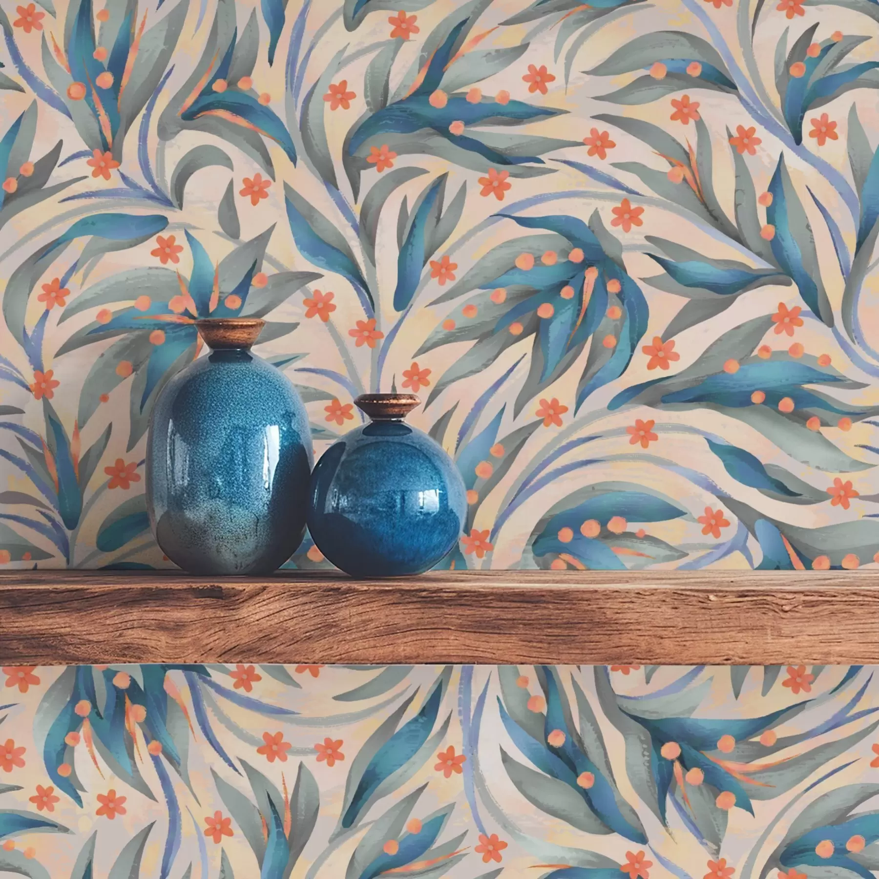 Fototapeedid Abstraktne sinine lehestik korallikarva õitega a00852