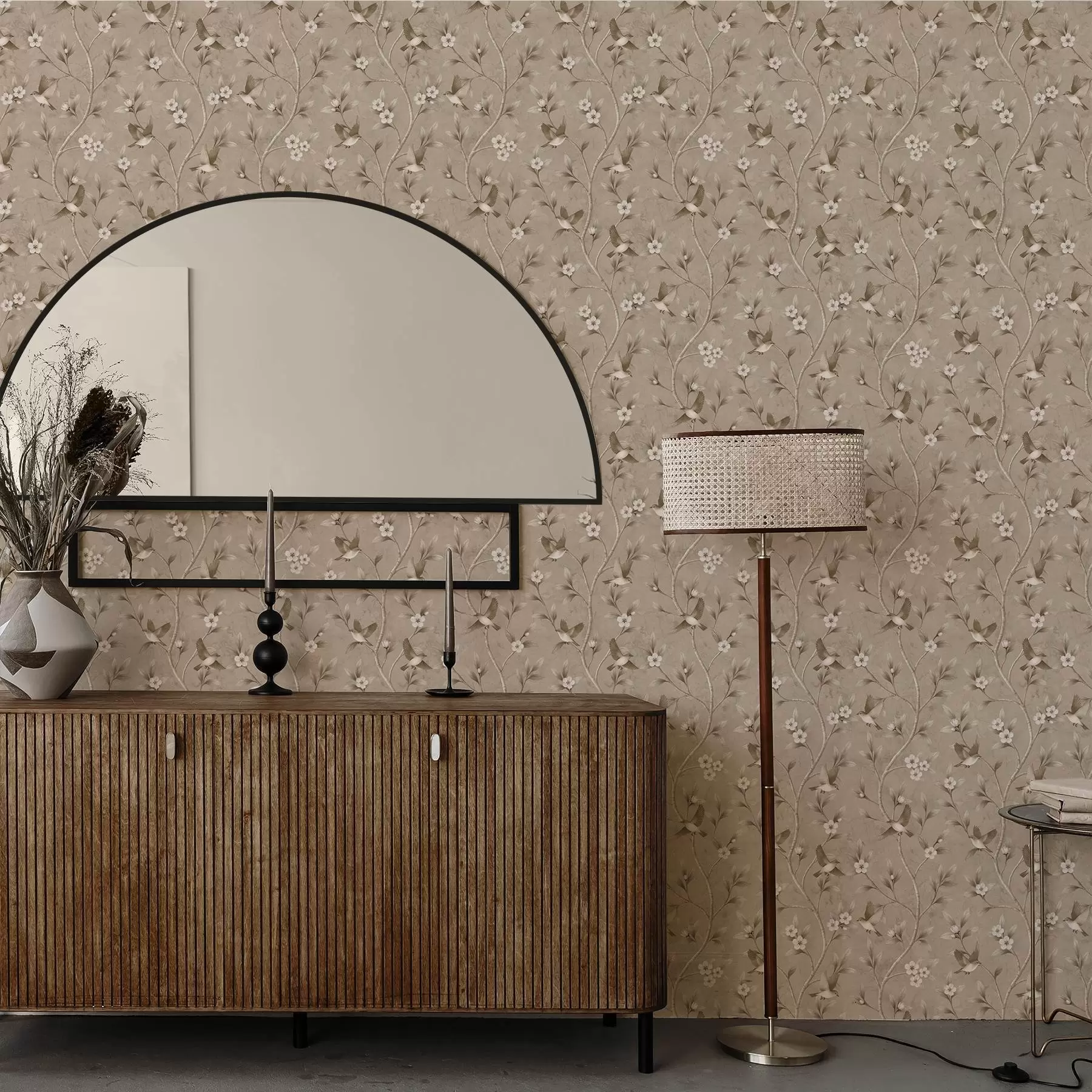 Fototapeedid Linnud ja õitsevad oksad soojades seepia toonides a00882