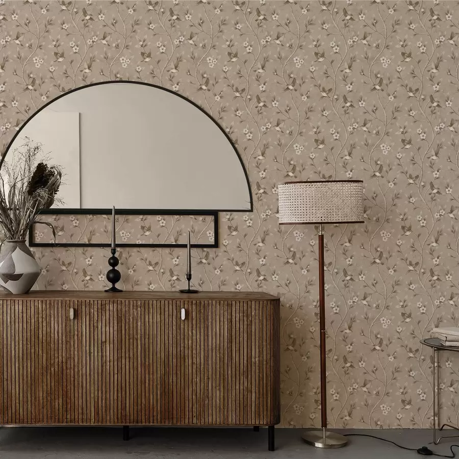 Fototapeedid Linnud ja õitsevad oksad soojades seepia toonides a00882