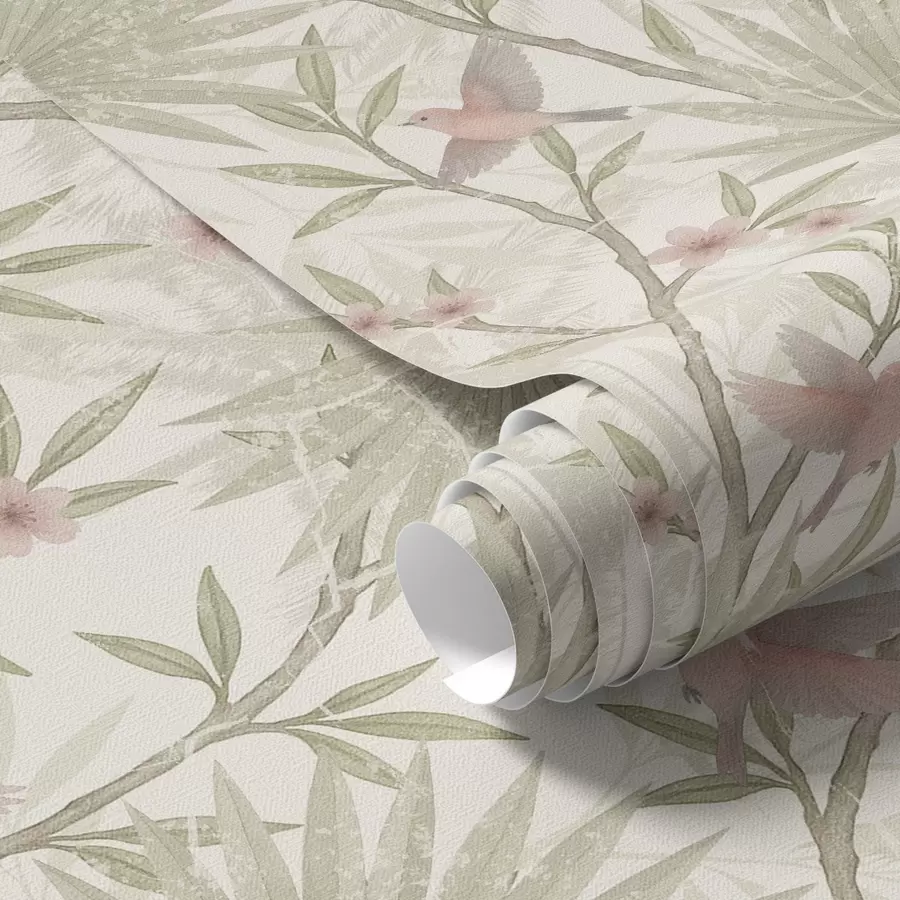 Fototapeedid Õrnad roosad linnud palmilehtede vahel a00883