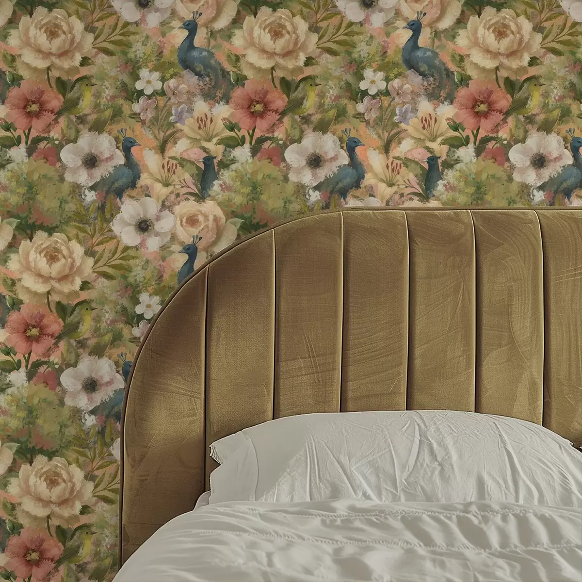 Tapeet Maalikunstiline aed paabulindude ja suurte lilledega a00885