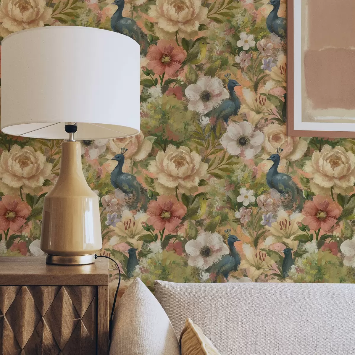 Tapeet Maalikunstiline aed paabulindude ja suurte lilledega a00885