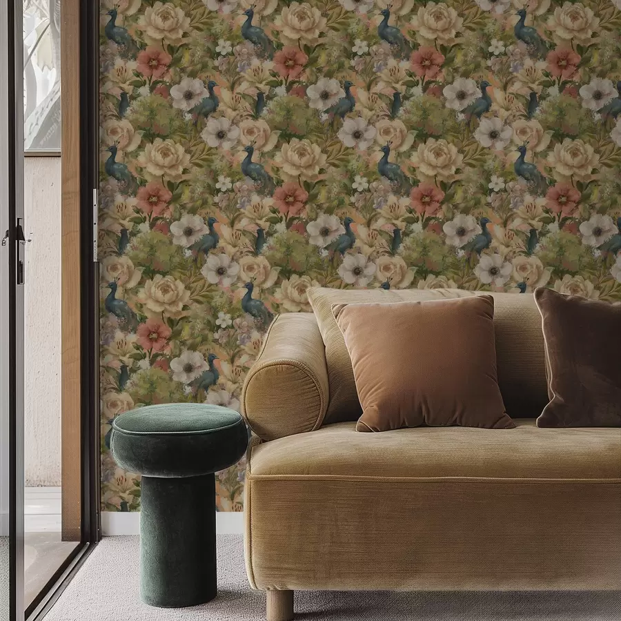 Fototapeedid Maalikunstiline aed paabulindude ja suurte lilledega a00885