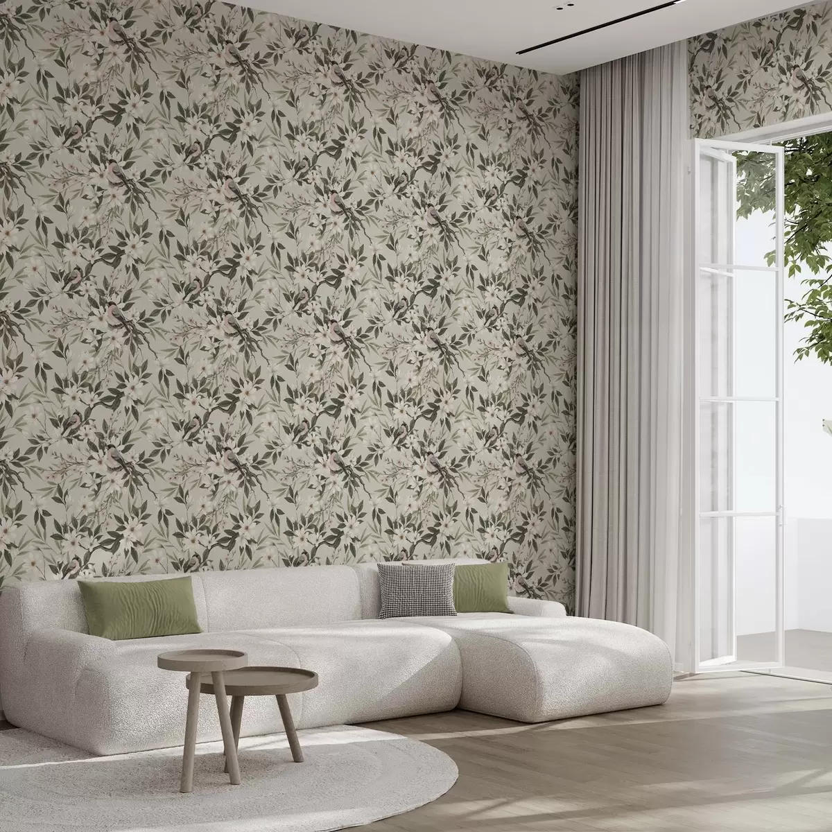 Tapeet Valge rinnaga leevikesed kreemikate õitega okstel a00889