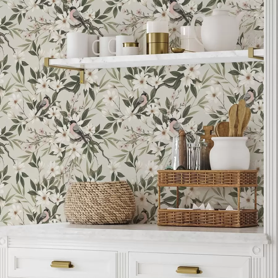 Fototapeedid Valge rinnaga leevikesed kreemikate õitega okstel a00889