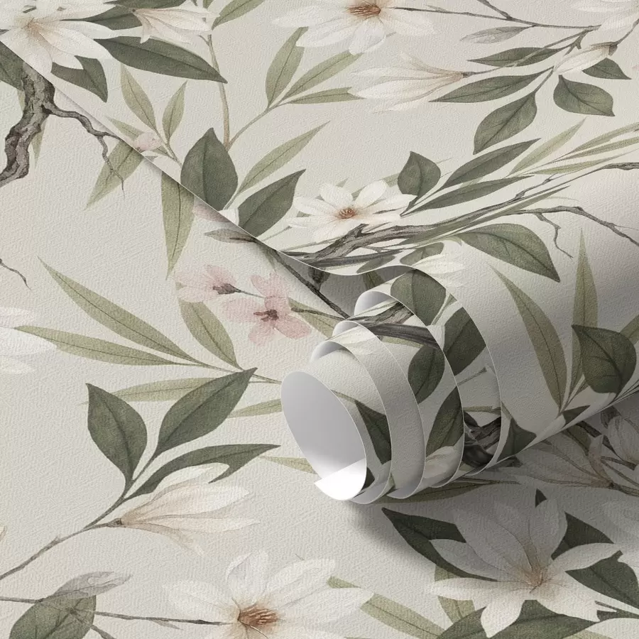 Fototapeedid Valge rinnaga leevikesed kreemikate õitega okstel a00889