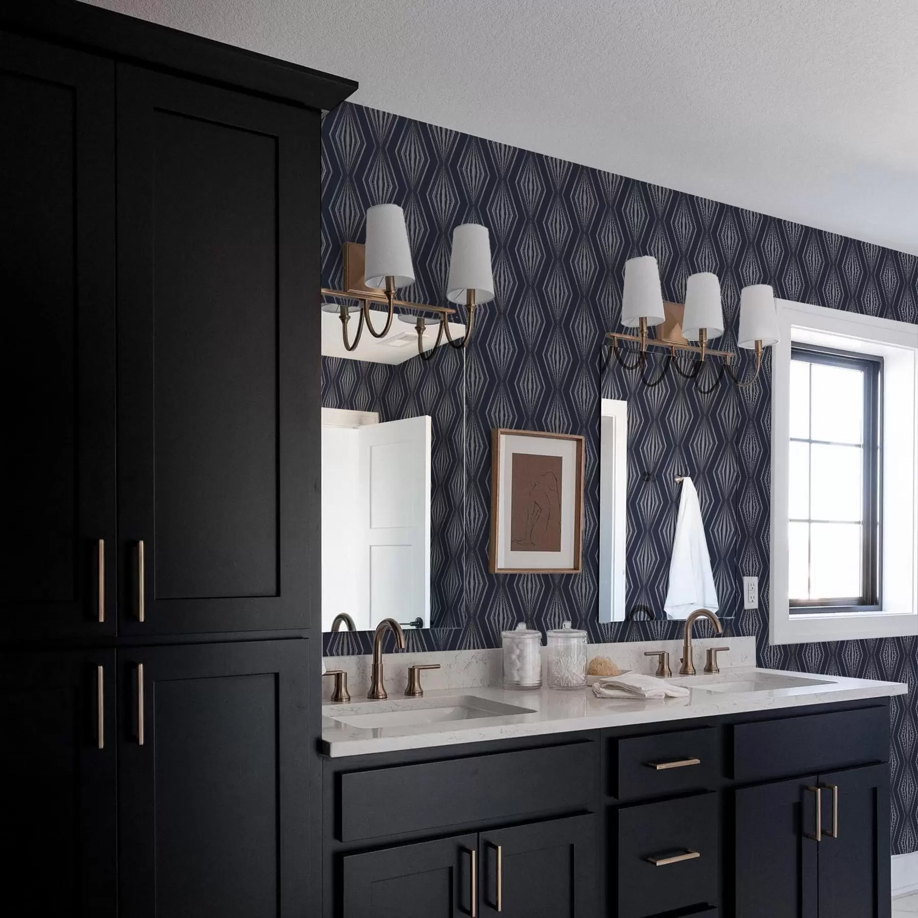 Fototapeedid Geomeetrilised kiirgavad teemandid tumesinisel taustal a00925