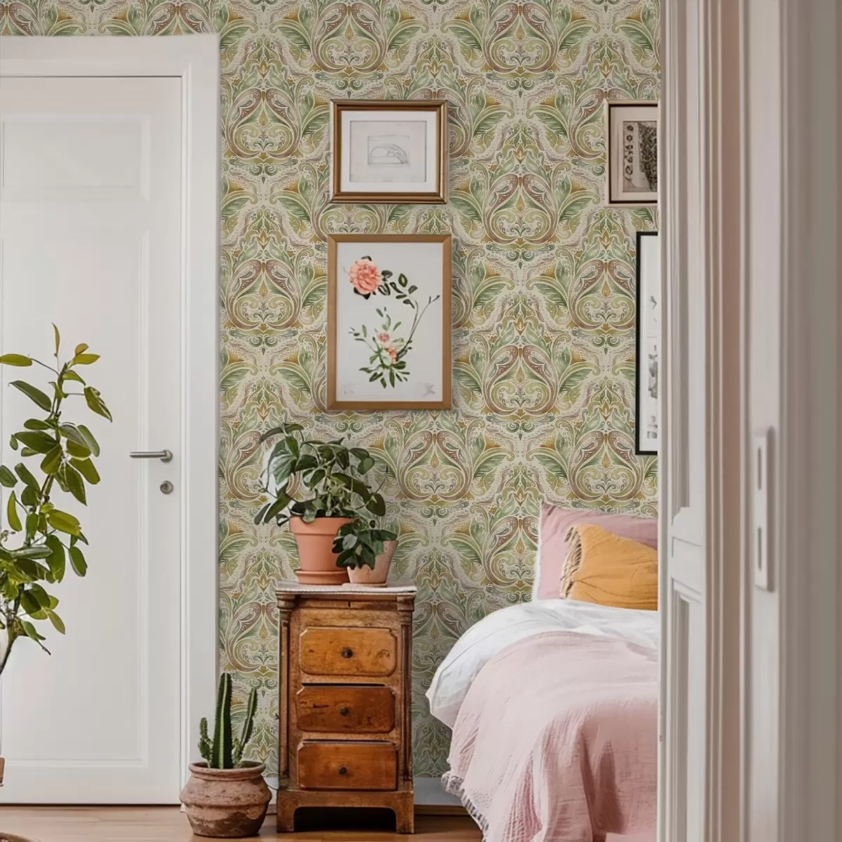 Tapeet Vesivärviga maalitud lehtede keerud rohelistes ja soojades okra toonides a00927