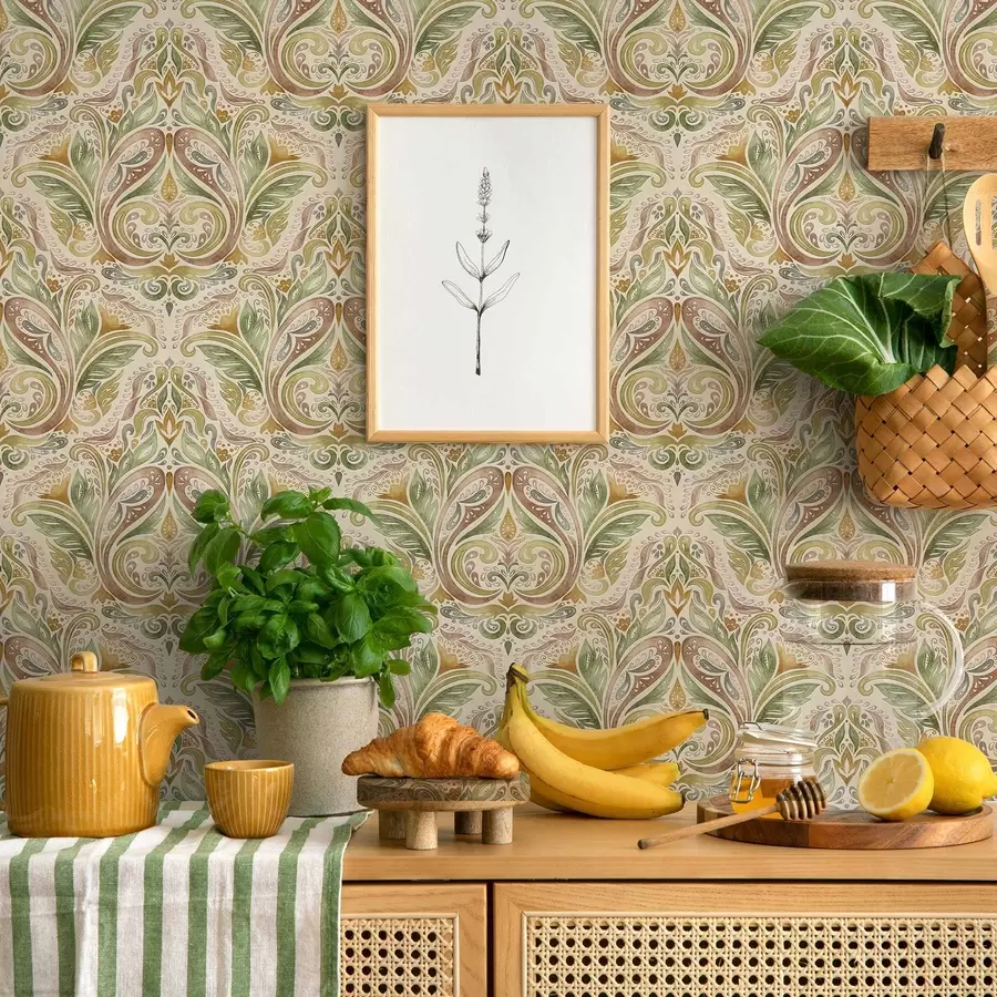 Fototapeedid Vesivärviga maalitud lehtede keerud rohelistes ja soojades okra toonides a00927