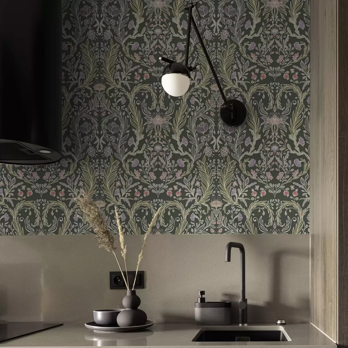 Tapeet Sümmeetriline lilleornament tumerohelisel taustal a00928