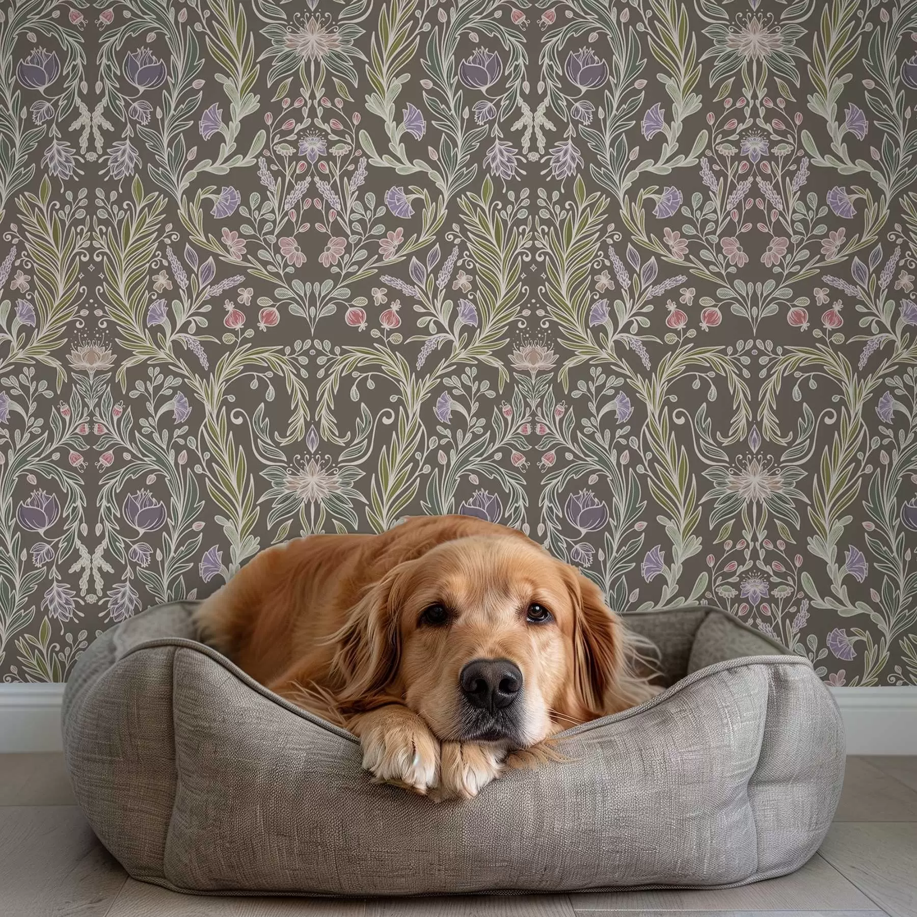 Fototapeedid Sümmeetrilised lilled ja lehed pruunikashalli taustal a00928v2