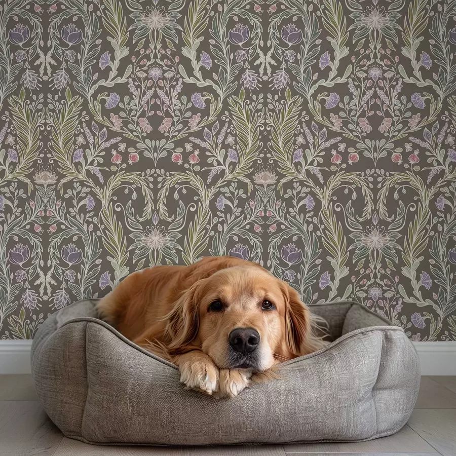 Fototapeedid Sümmeetrilised lilled ja lehed pruunikashalli taustal a00928v2