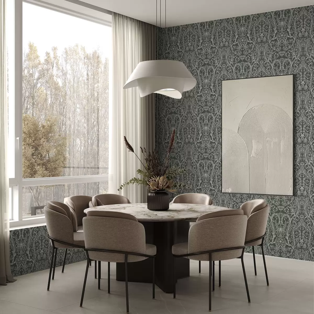 Tapeet Lineaarne lillemustriline tumerohelisel taustal a00929