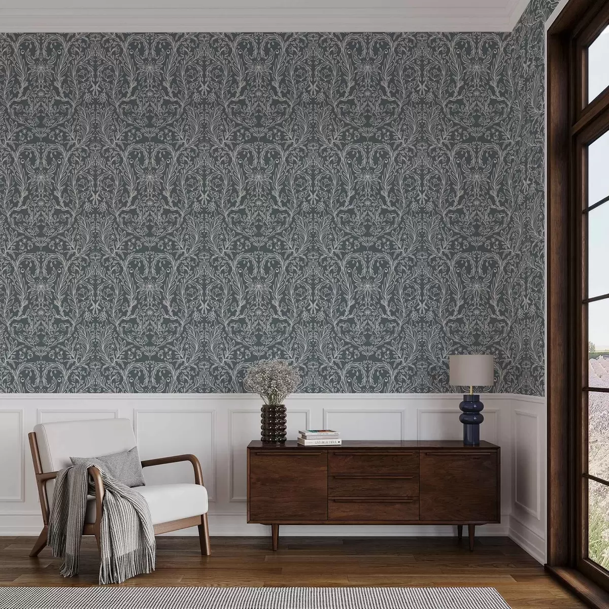 Tapeet Lineaarne lilleornament sinakashallil taustal a00929v1