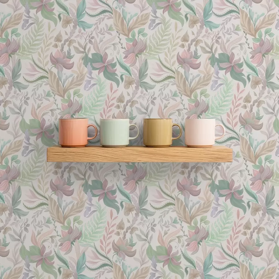 Fototapeedid Õrnad pastelltoonides lilled ja lehed heledal taustal a00931