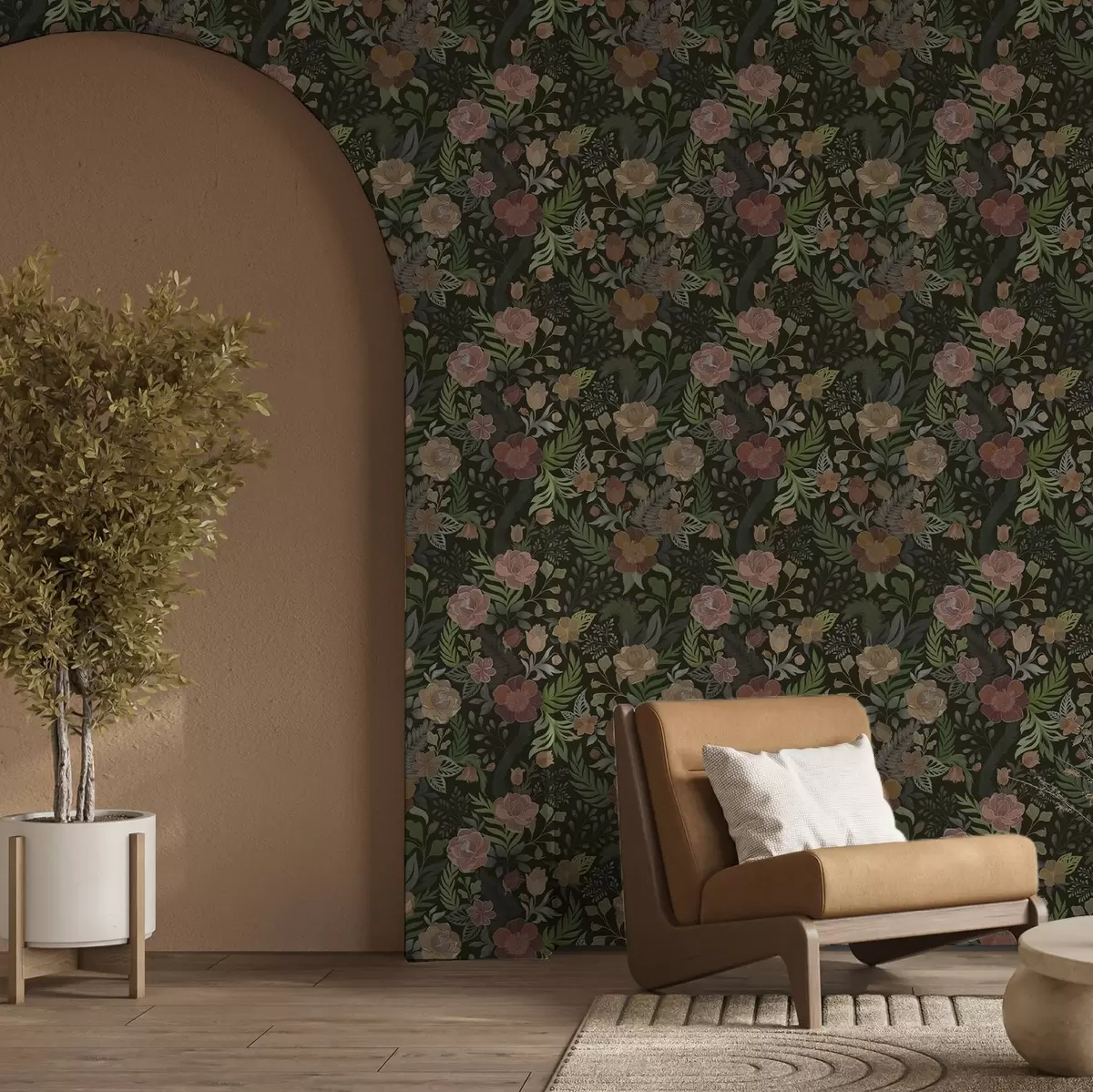 Tapeet Rikkalikud lilled ja rohelus sügaval tumedal taustal a00932