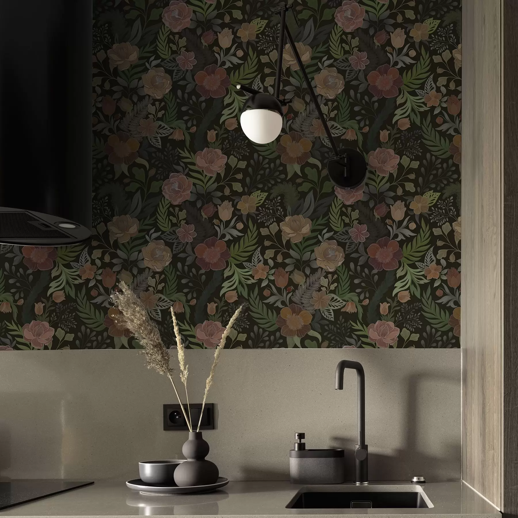 Fototapeedid Rikkalikud lilled ja rohelus sügaval tumedal taustal a00932