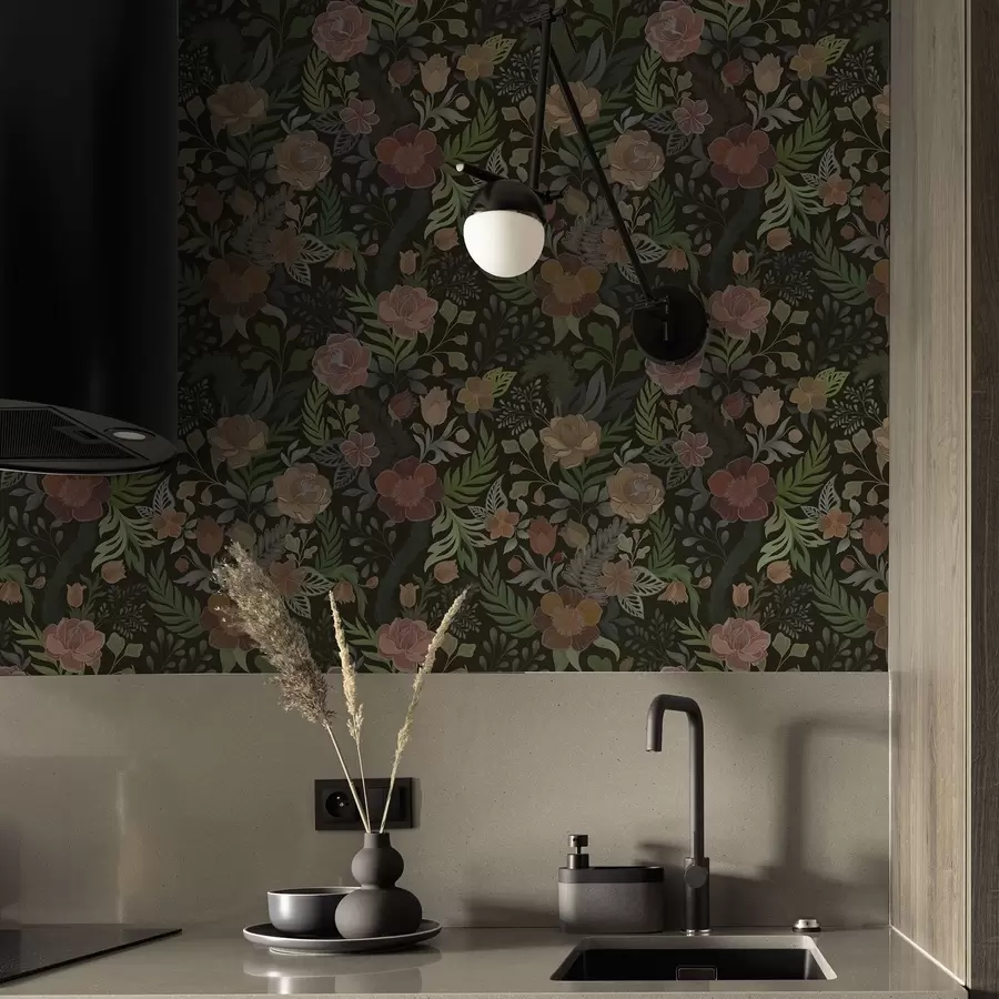 Fototapeedid Rikkalikud lilled ja rohelus sügaval tumedal taustal a00932