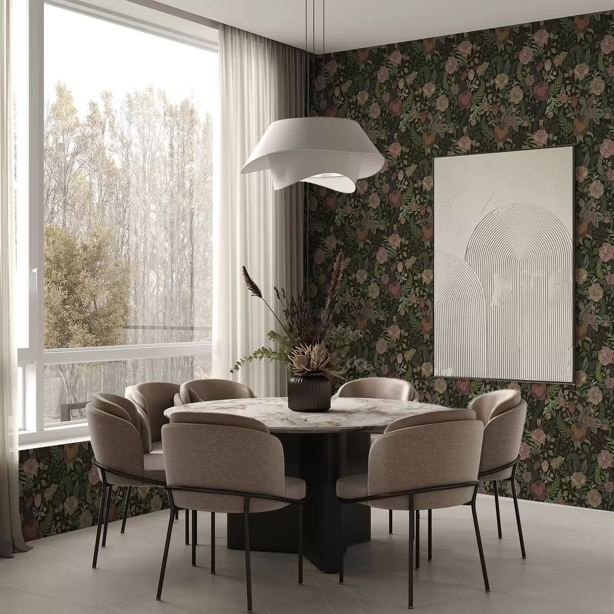 Tapeet Rikkalikud lilled ja rohelus sügaval tumedal taustal a00932