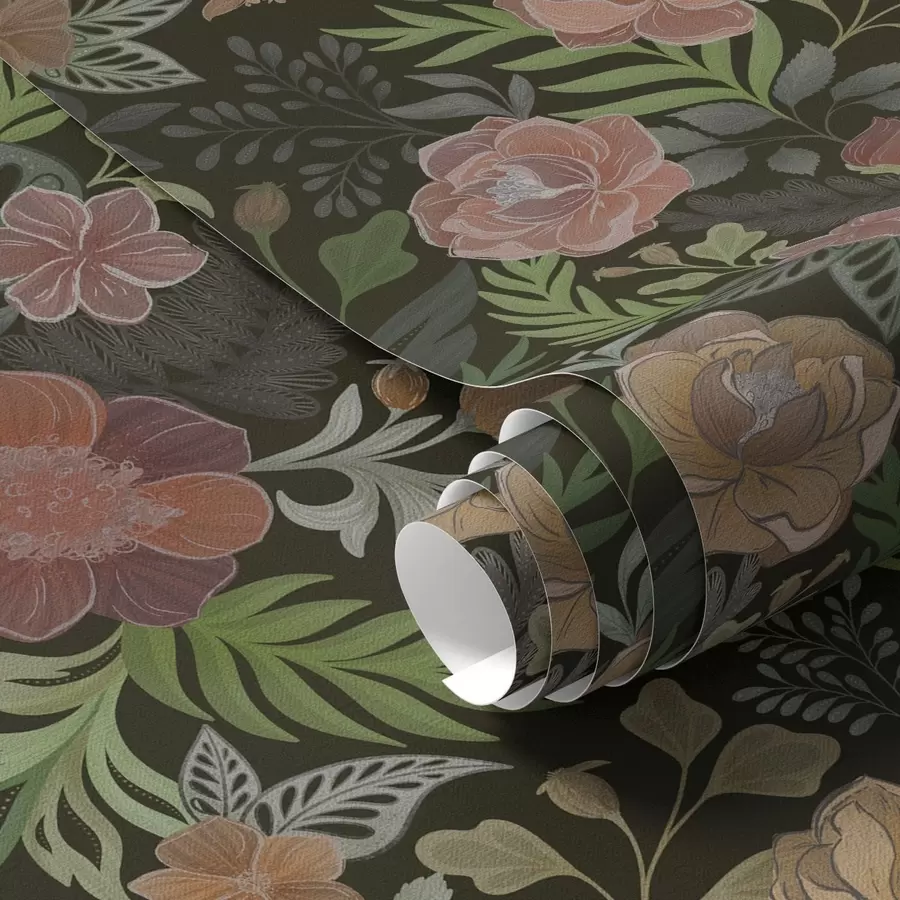 Fototapeedid Rikkalikud lilled ja rohelus sügaval tumedal taustal a00932