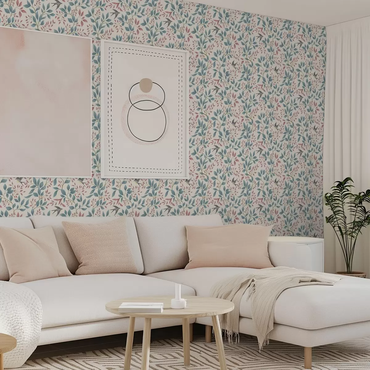 Tapeet Sinised ja roosad oksad lindudega kreemikal taustal a00933