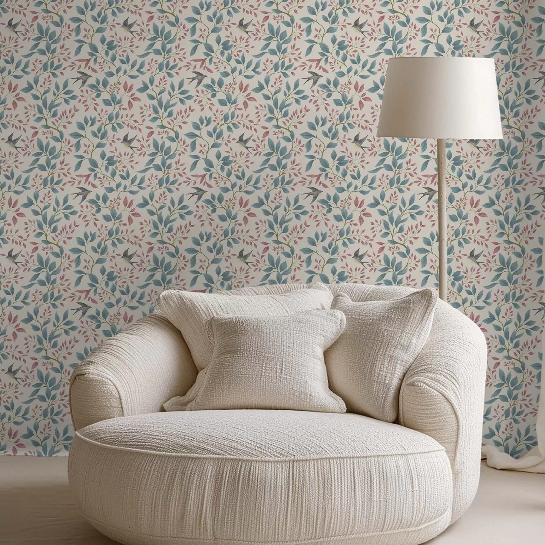 Fototapeedid Sinised ja roosad oksad lindudega kreemikal taustal a00933