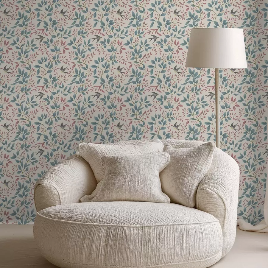 Fototapeedid Sinised ja roosad oksad lindudega kreemikal taustal a00933