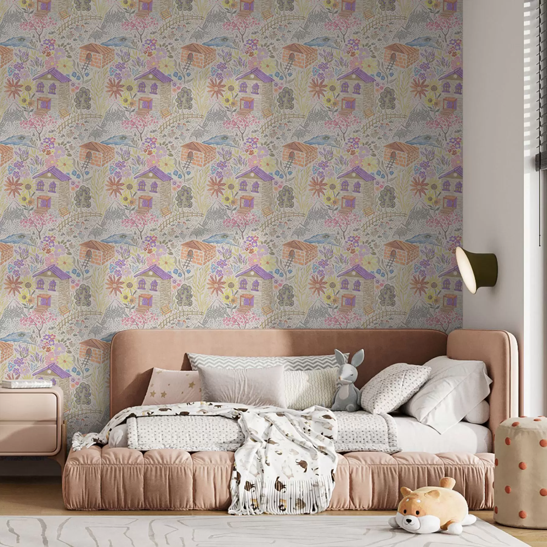 Fototapeedid Lapsepärase külajoonisega maja, mäed ja lilled a00952