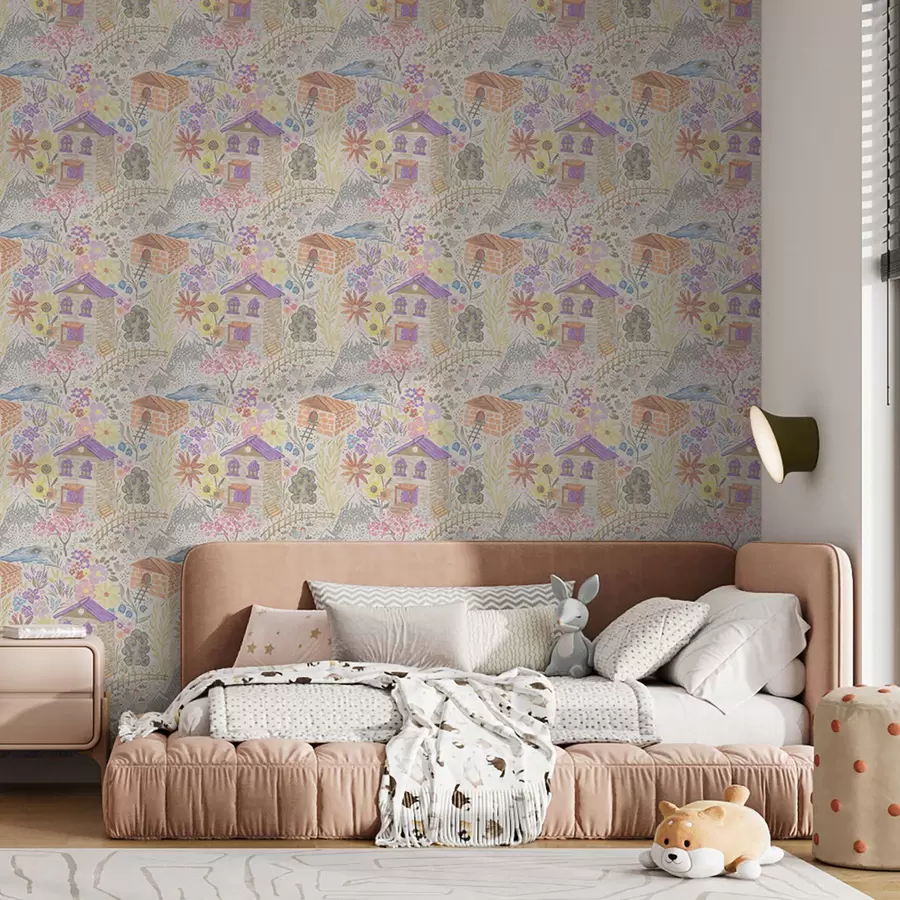 Fototapeedid Lapsepärase külajoonisega maja, mäed ja lilled a00952