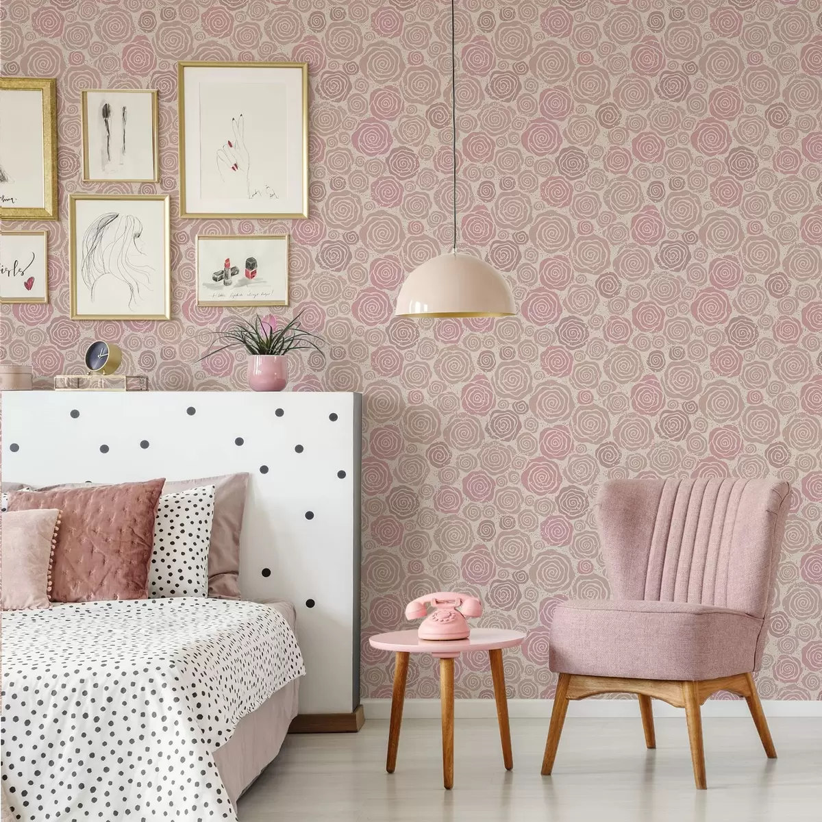 Tapeet Spiraalsed roosad roosid ja pritsmed heledal taustal a00955