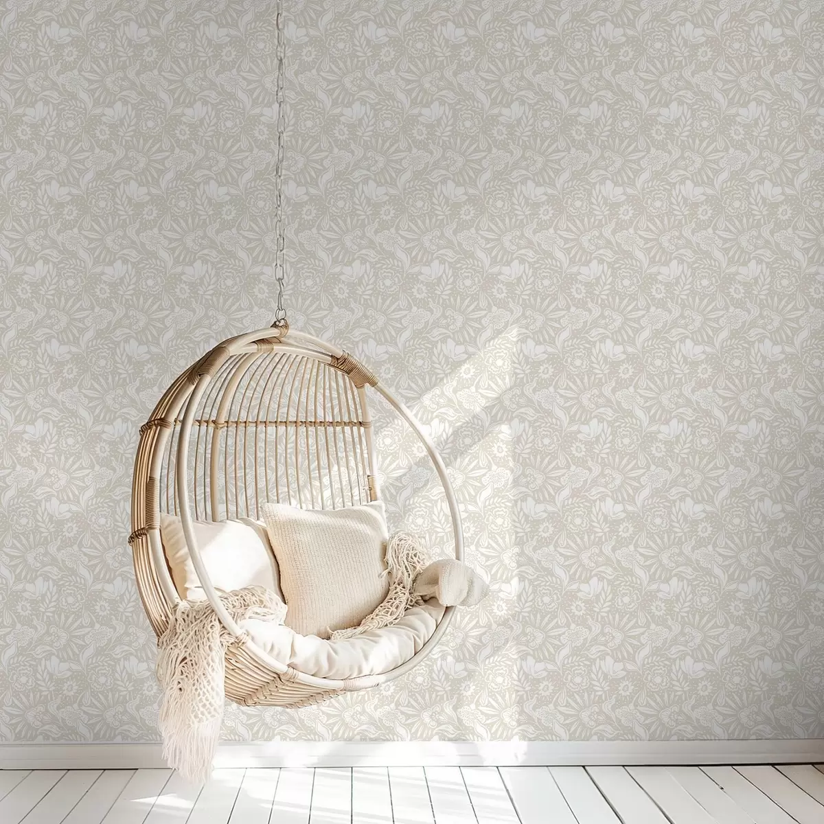 Tapeet Valge lineaarne lilleornament beežil taustal a00956